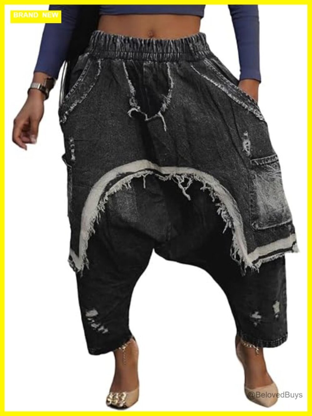 Y2K Distressed Denim Harem Pants Elastic Waist Cropped Baggy Jeans